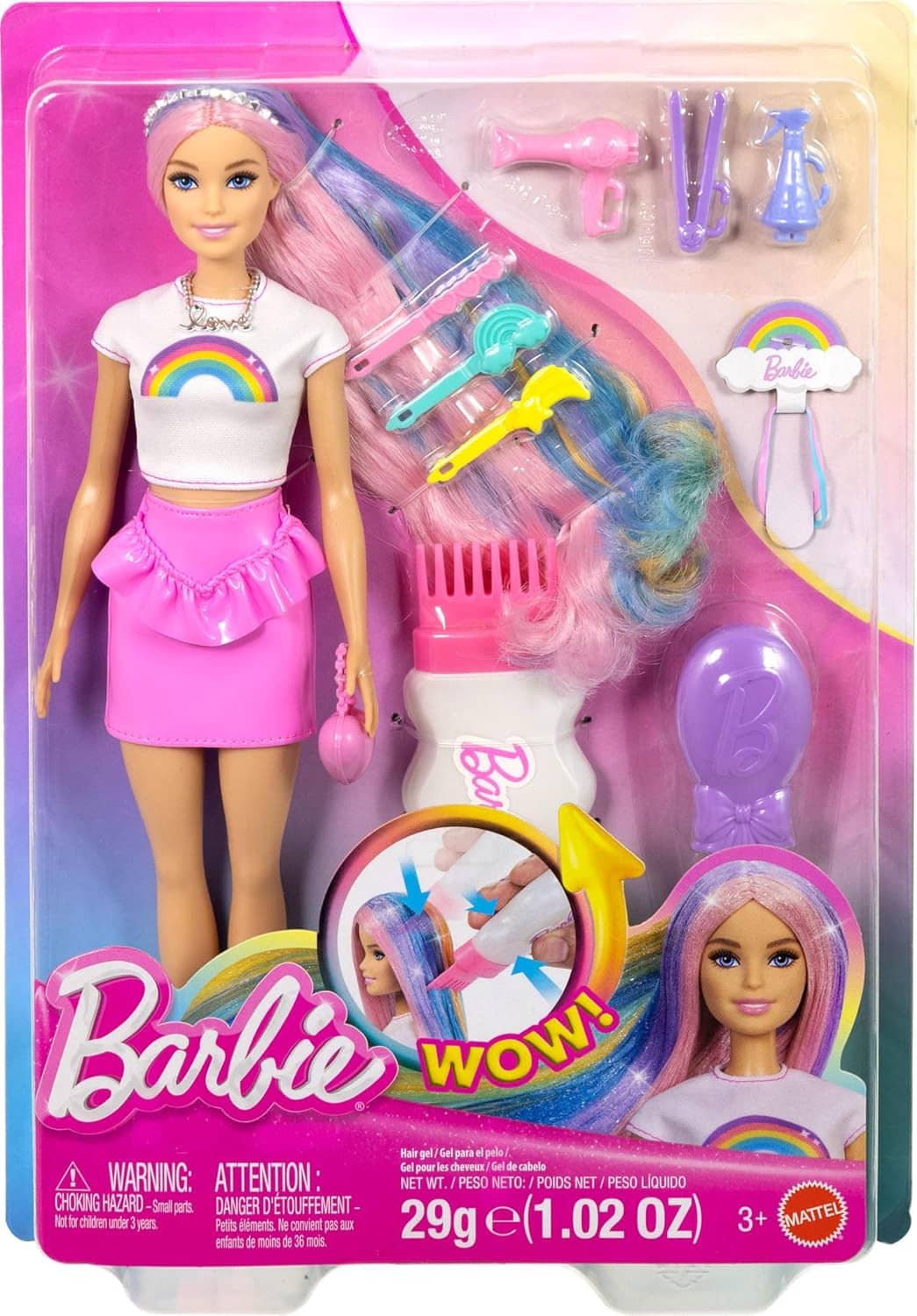 Rainbow hair sparkle doll in retail box with accessories pictured on clear packaging.