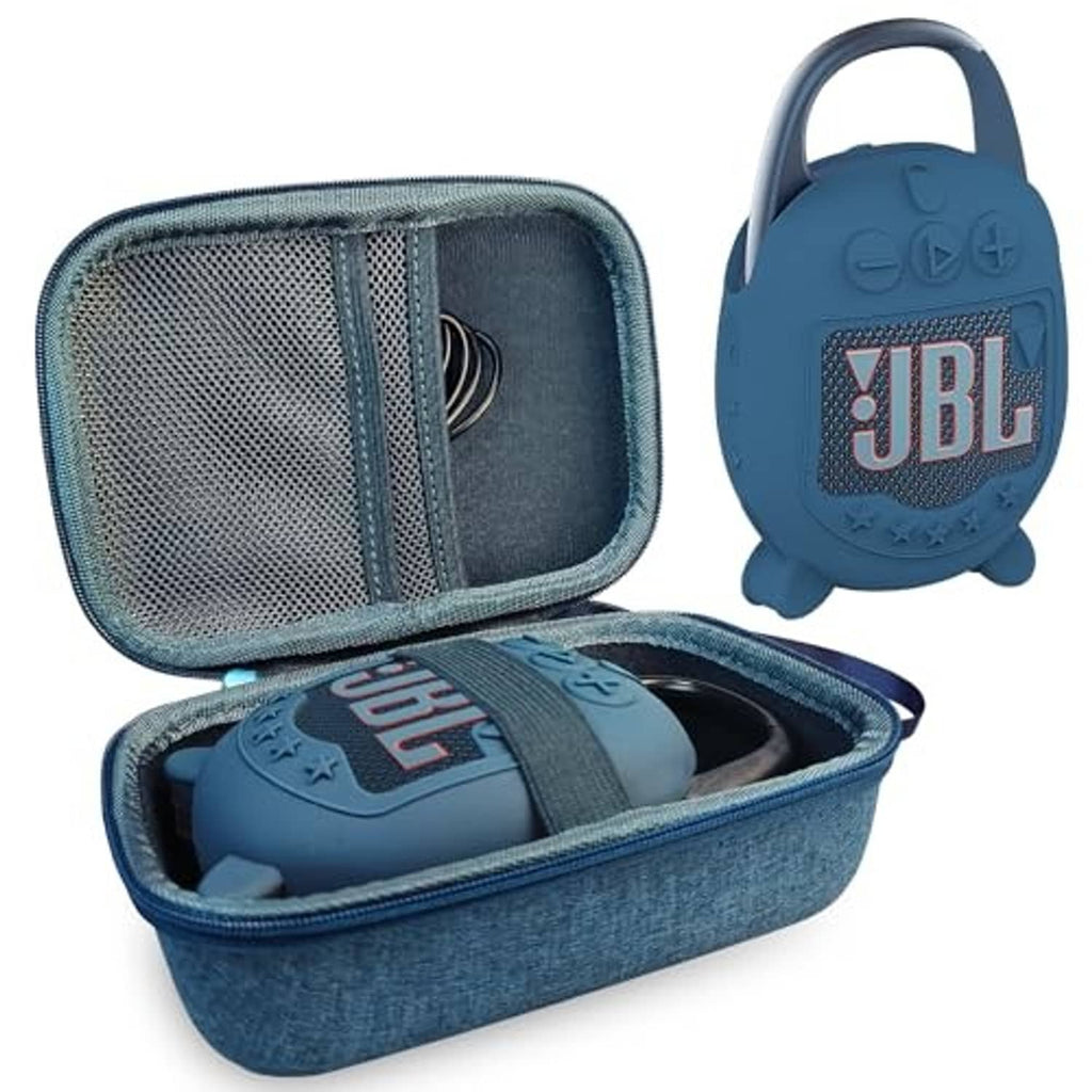 Blue JBL Clip 5 silicone speaker cover in zippered hard case with mesh divider
