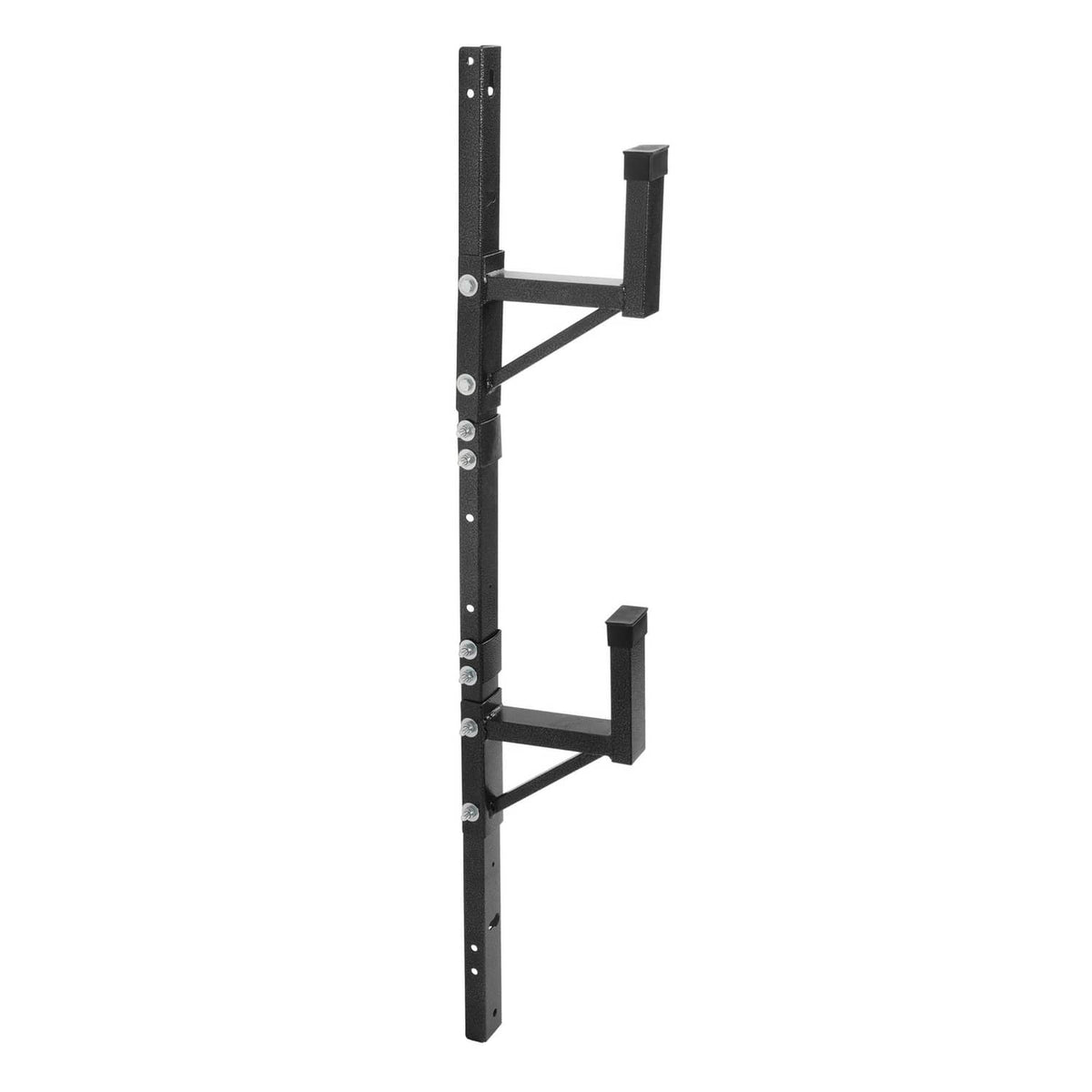 Adjustable trailer ladder rack wall mount with two step braces on black vertical rail