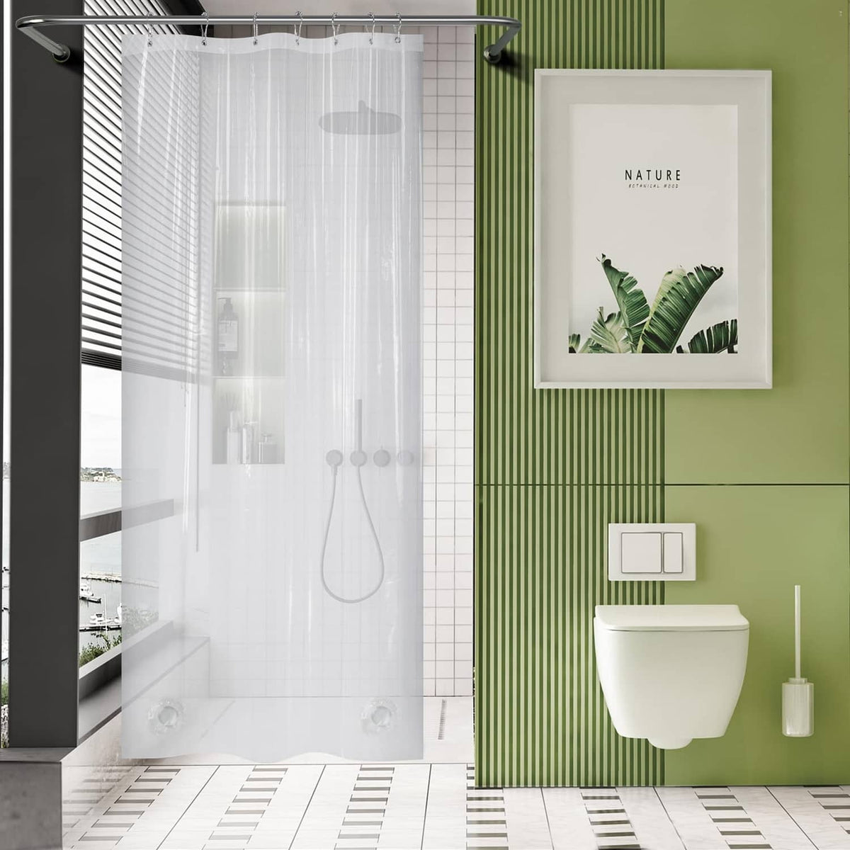 Clear plastic shower curtain liner with weighted bottom and metal grommets, 40x72 in
