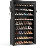 Tall 10-tier shoe rack with fabric cover, holding assorted shoes, black frame