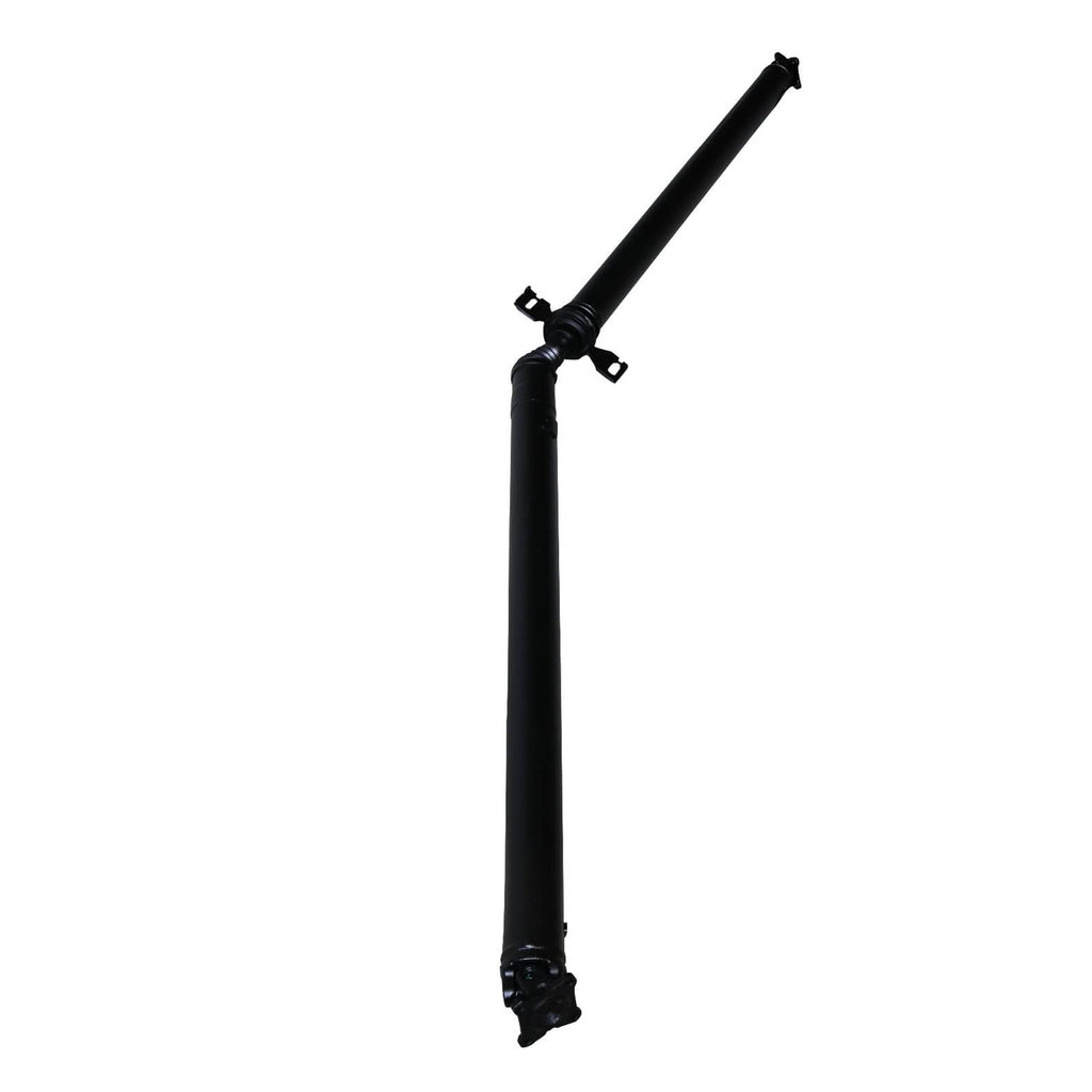 Black rear prop shaft with center joint and two mounting ends.