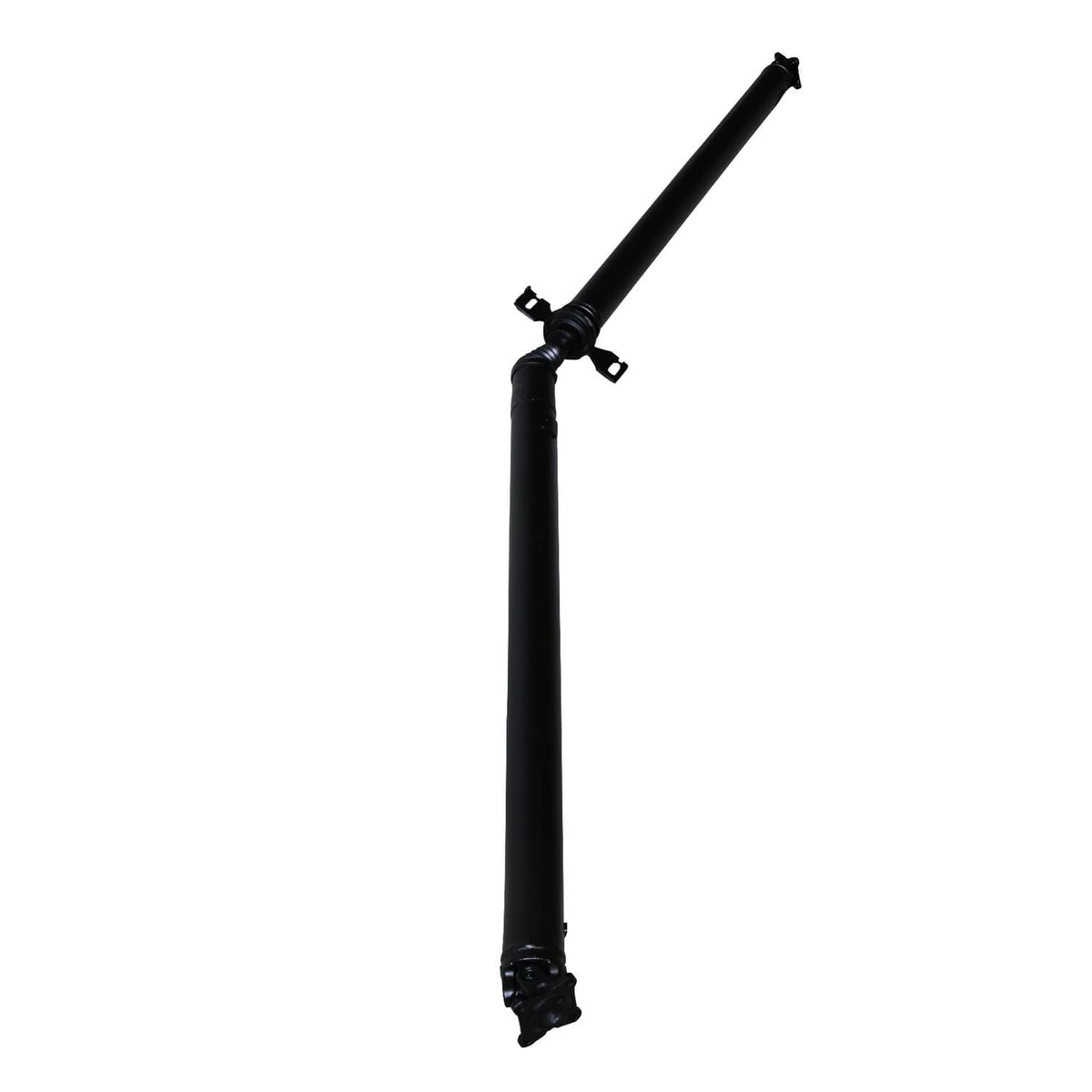 Black rear prop shaft with center joint and two mounting ends.
