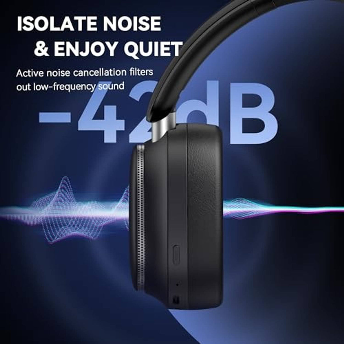 Black over-ear headphones with slim ear cups and visible control buttons on the side