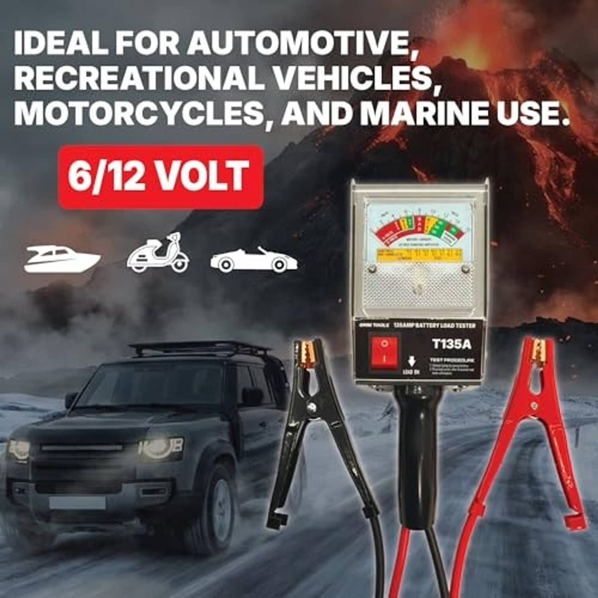 Battery load tester gauge with red/black clamps, 6/12V automotive use
