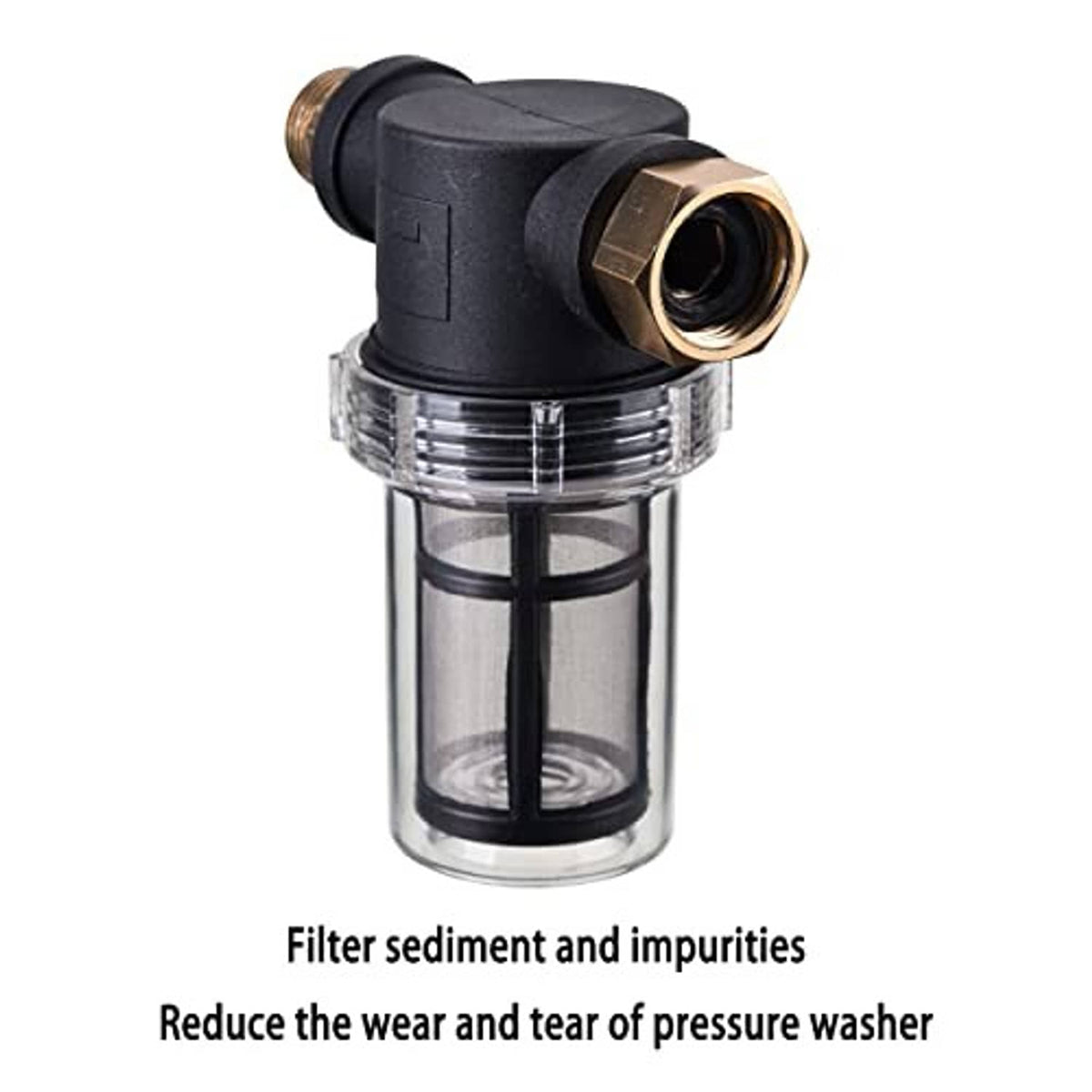 Angle connector hose filter with clear sediment canister, black housing, brass threaded end