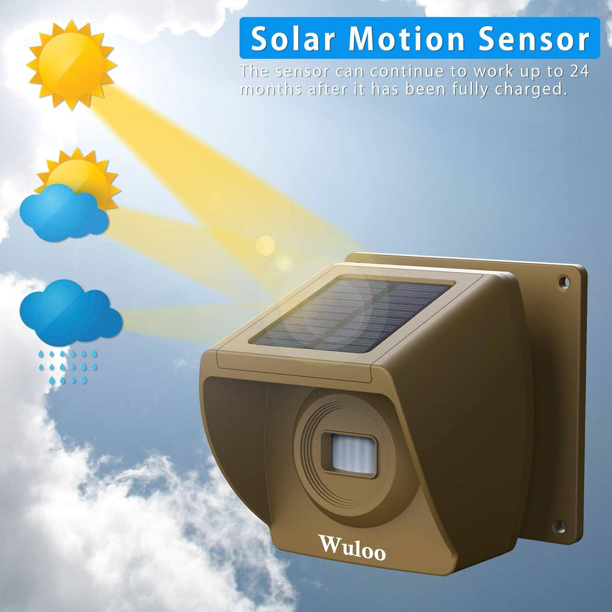 Tan solar motion sensor with charging sun icon and sky background