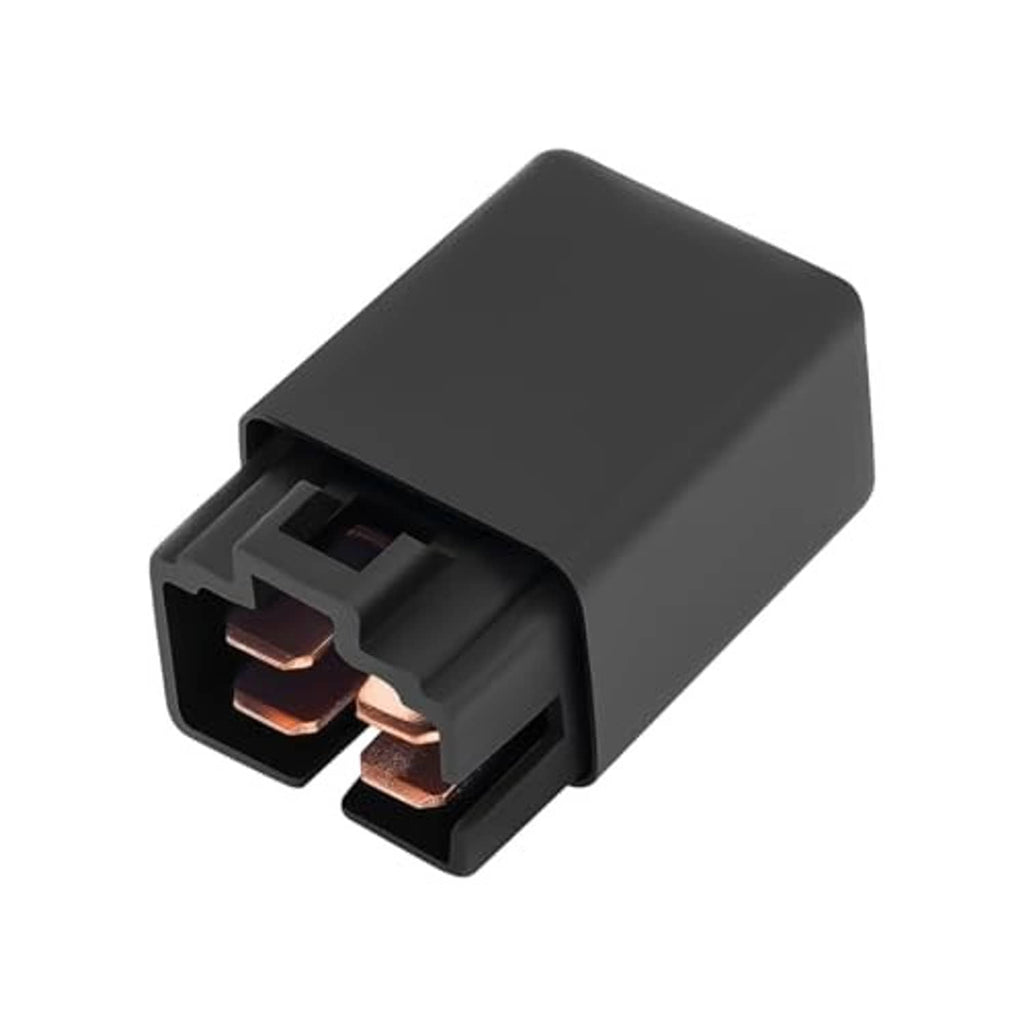Automotive 4-pin relay with black housing and copper terminals, 3/4 angle
