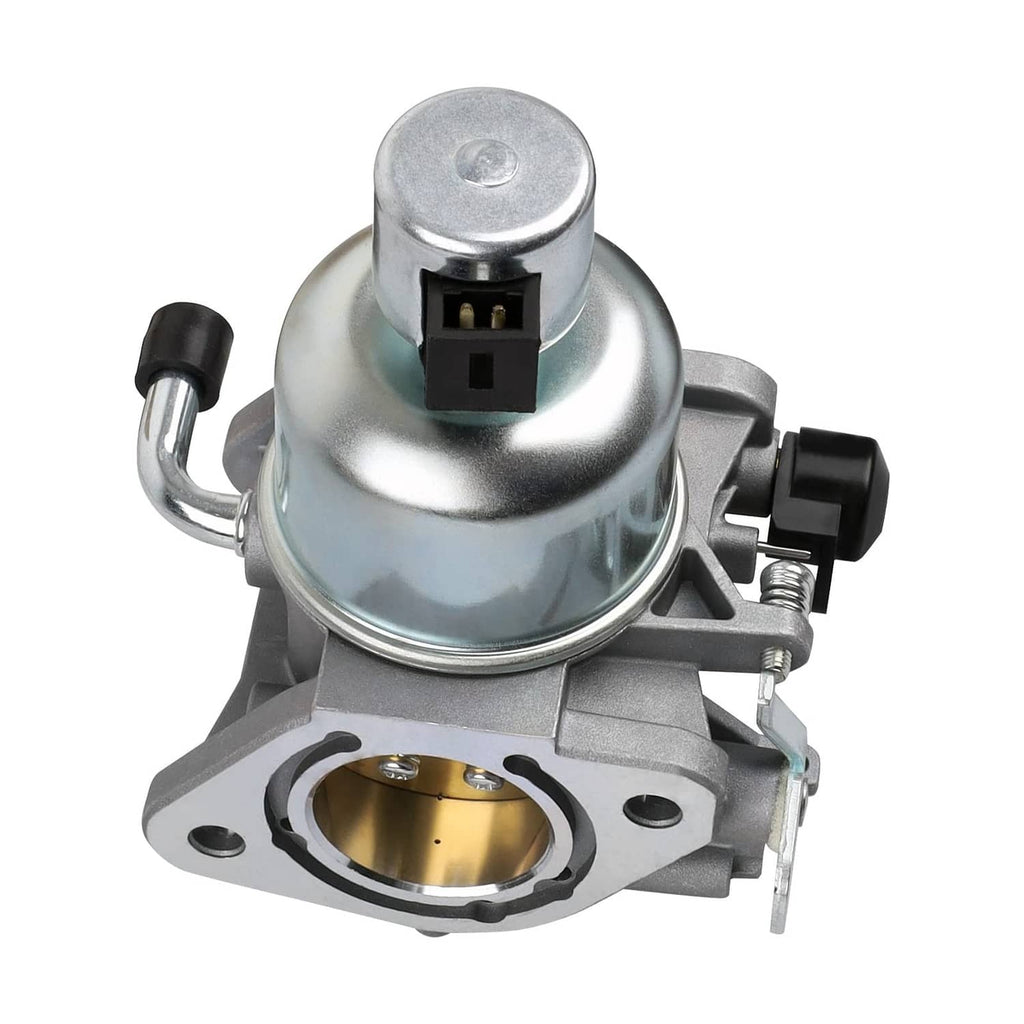 Close-up silver carburetor with black electrical connector and metal fuel inlet