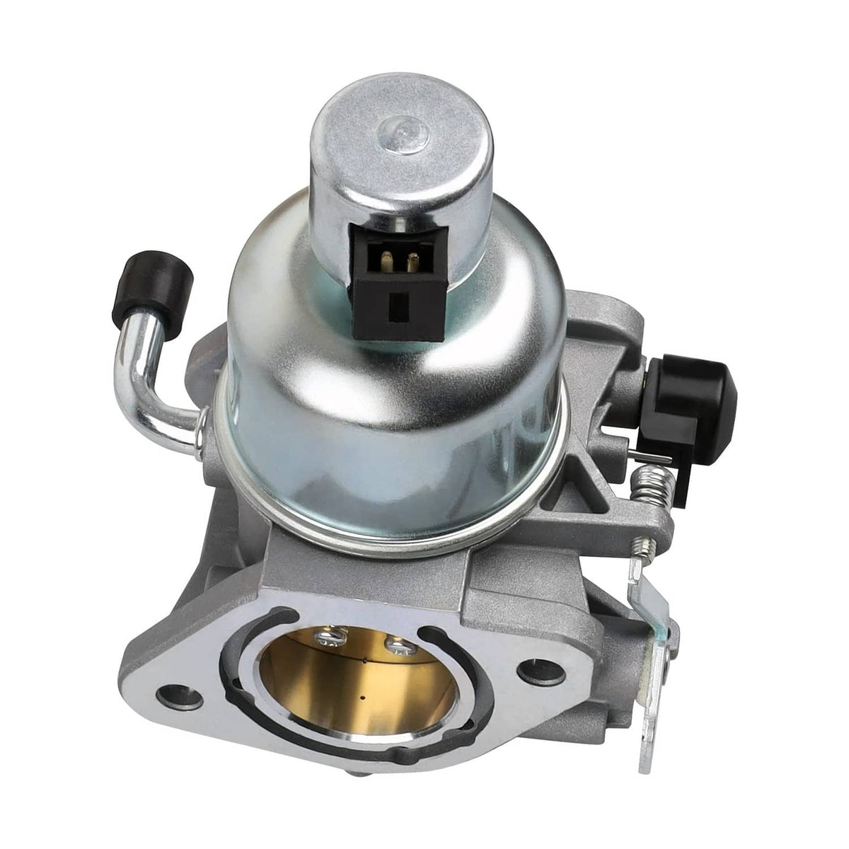 Close-up silver carburetor with black electrical connector and metal fuel inlet
