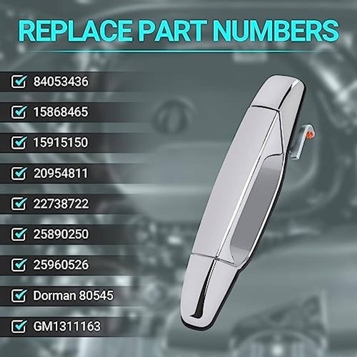 Chrome exterior door handle shown with replacement part numbers list