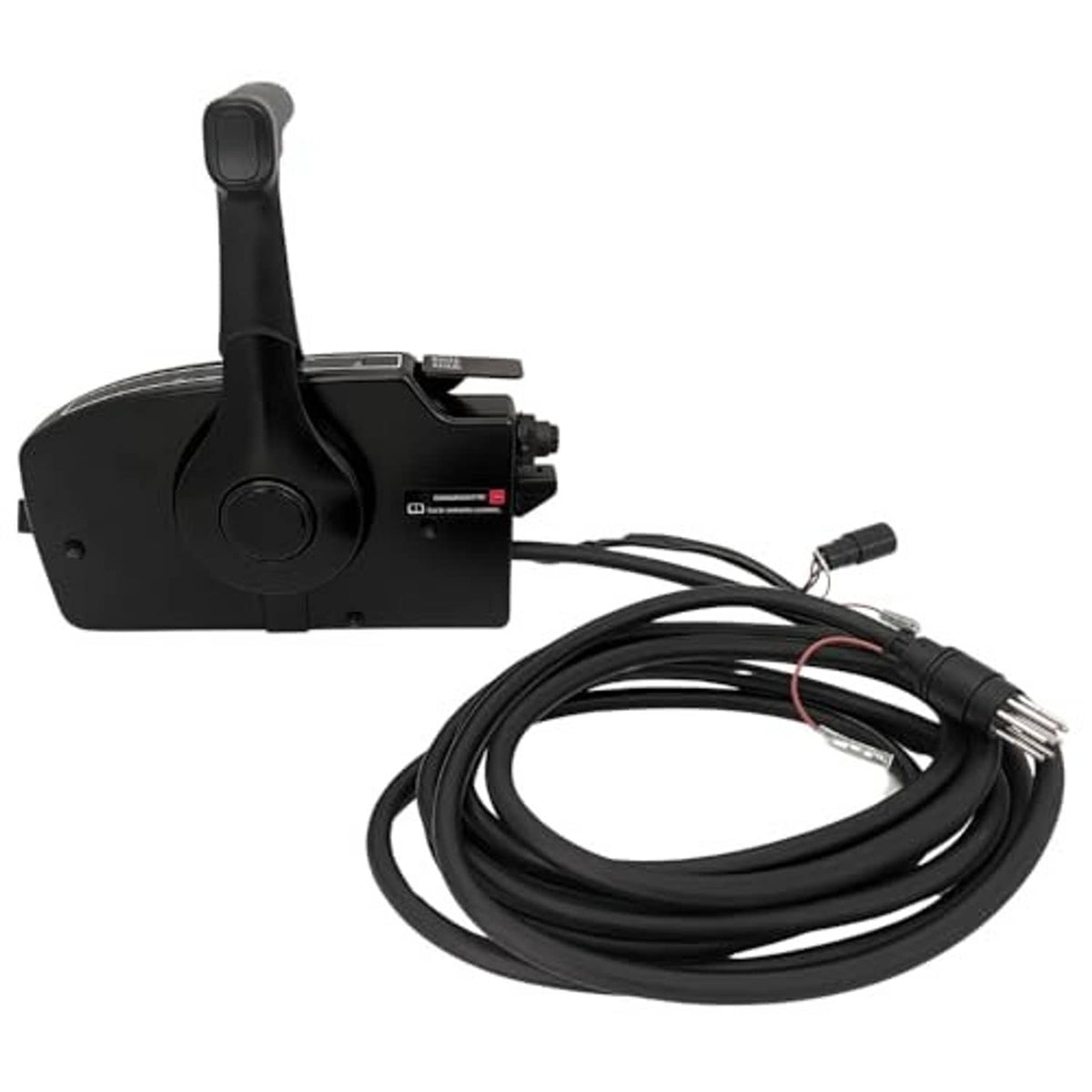 Black 8-pin side-mount outboard remote control box with attached cable and plugs