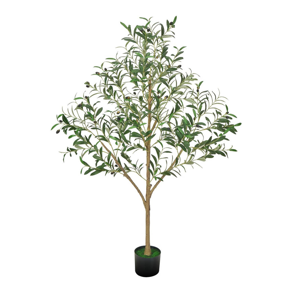 Tall artificial olive tree with green leaves and brown trunk in black pot, full view