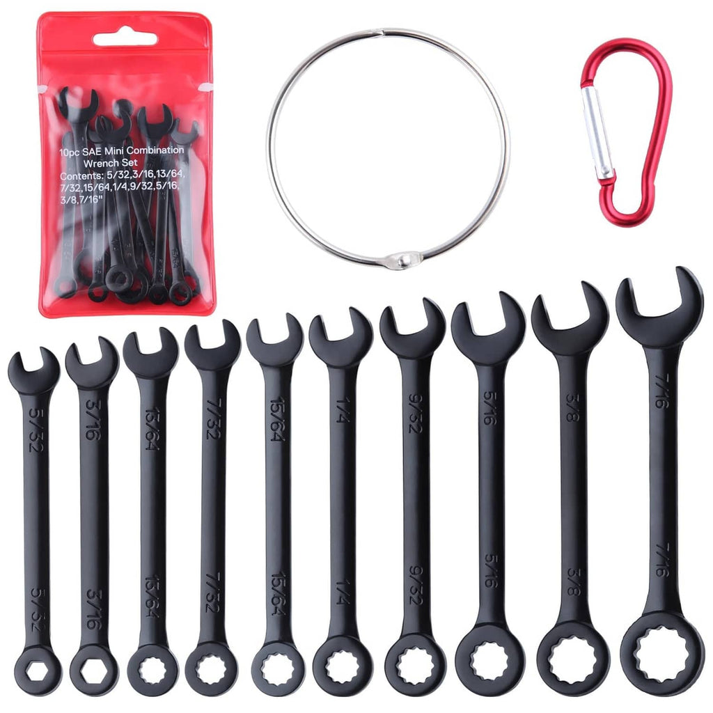 Black 10-piece mini SAE wrench set with ring, packaged in red blister
