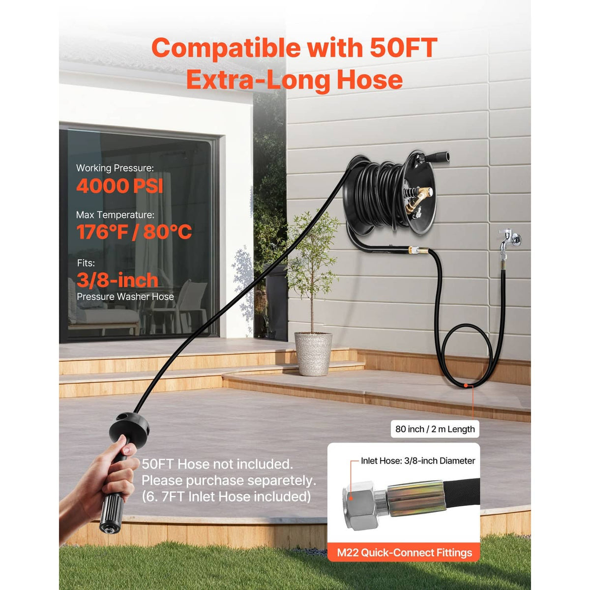 Black pressure washer hose reel with long hose loop and quick-connect fitting