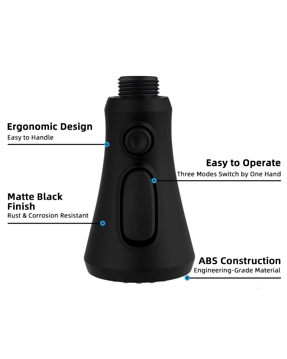 Matte black pull-down sprayer head with side control and ergonomic handle