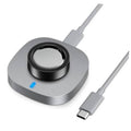 Grey metal ring charger dock with black charging cradle and blue indicator light