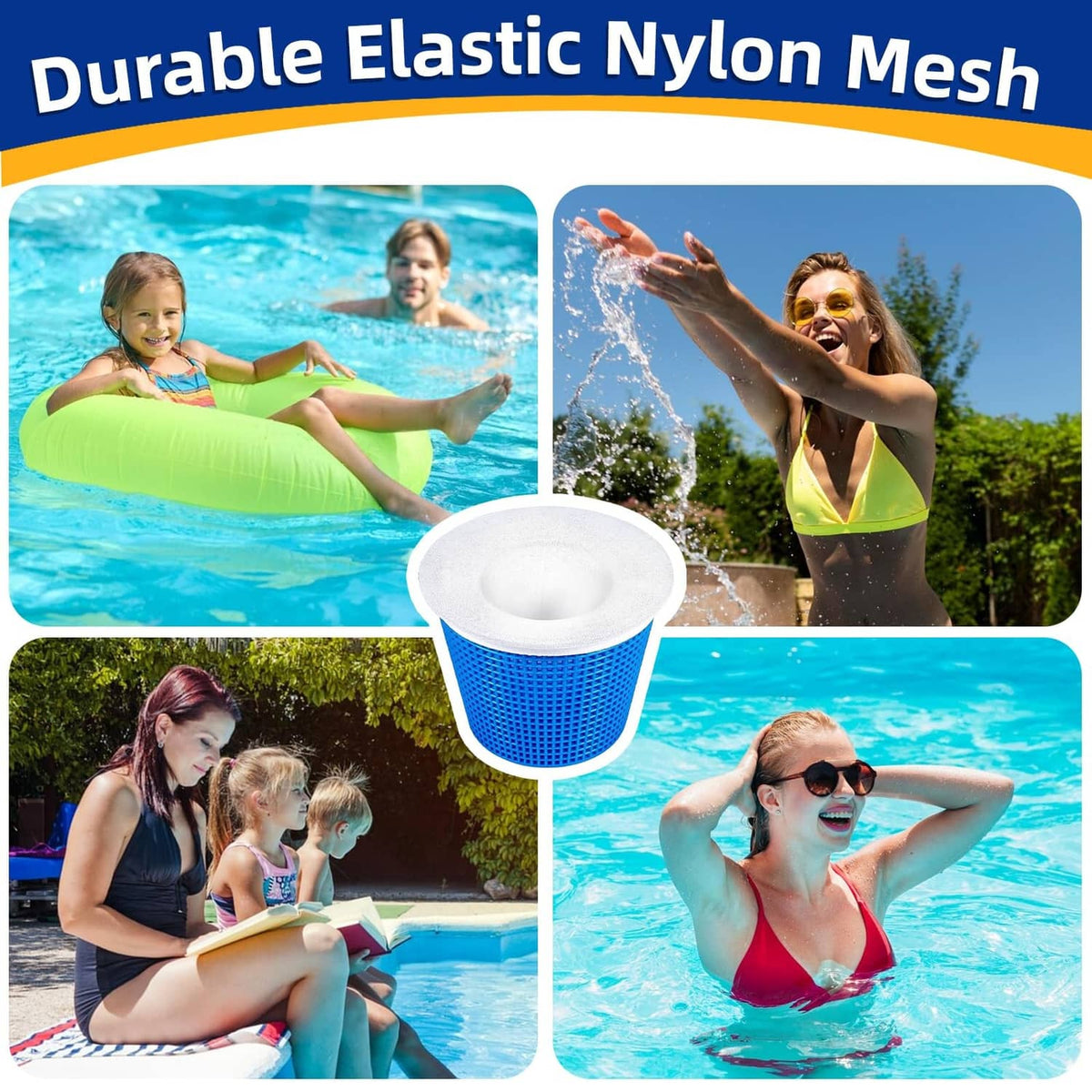 White pool skimmer sock filter with round top and fine nylon mesh