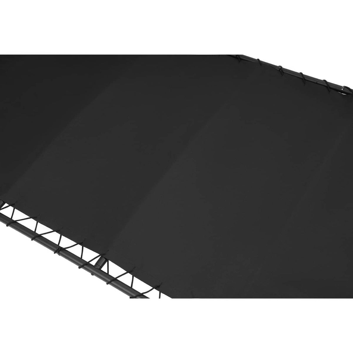 Black canopy top with stitched seams and tubular frame crossbars.