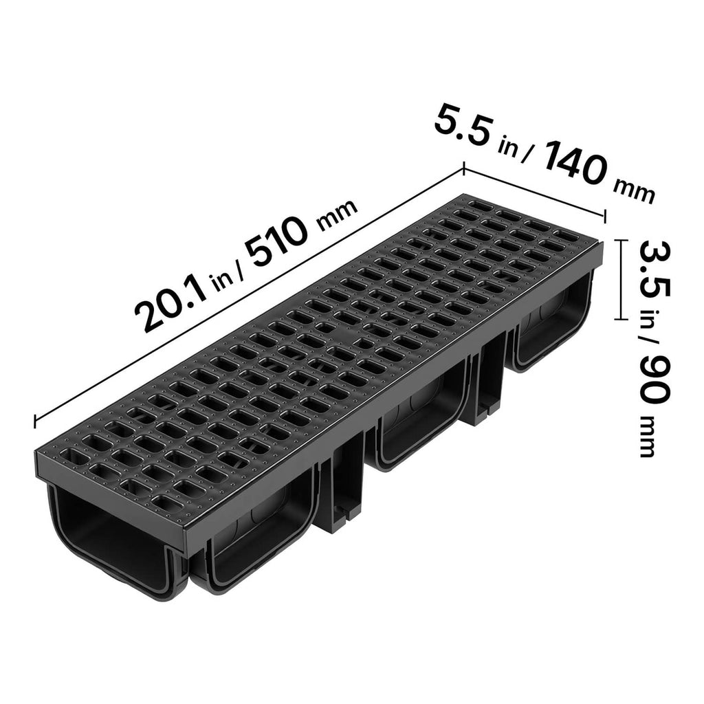 Black HDPE linear drainage channel, 20.1 x 5.5 x 3.5 in, grated cover