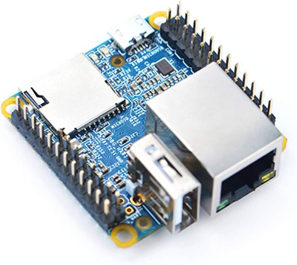 Nanopi NEO open-source H3 development board angled view with GPIO pins and Ethernet port