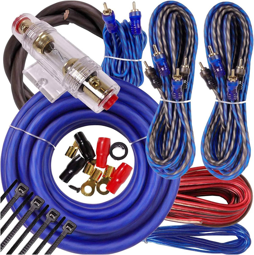 Car amplifier wiring kit with blue cables, gold RCA connectors, and red/black terminals