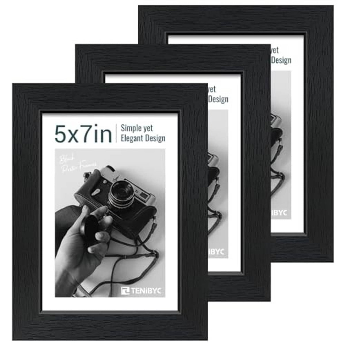Stacked black woodgrain 5x7 picture frames, three frames in a pack