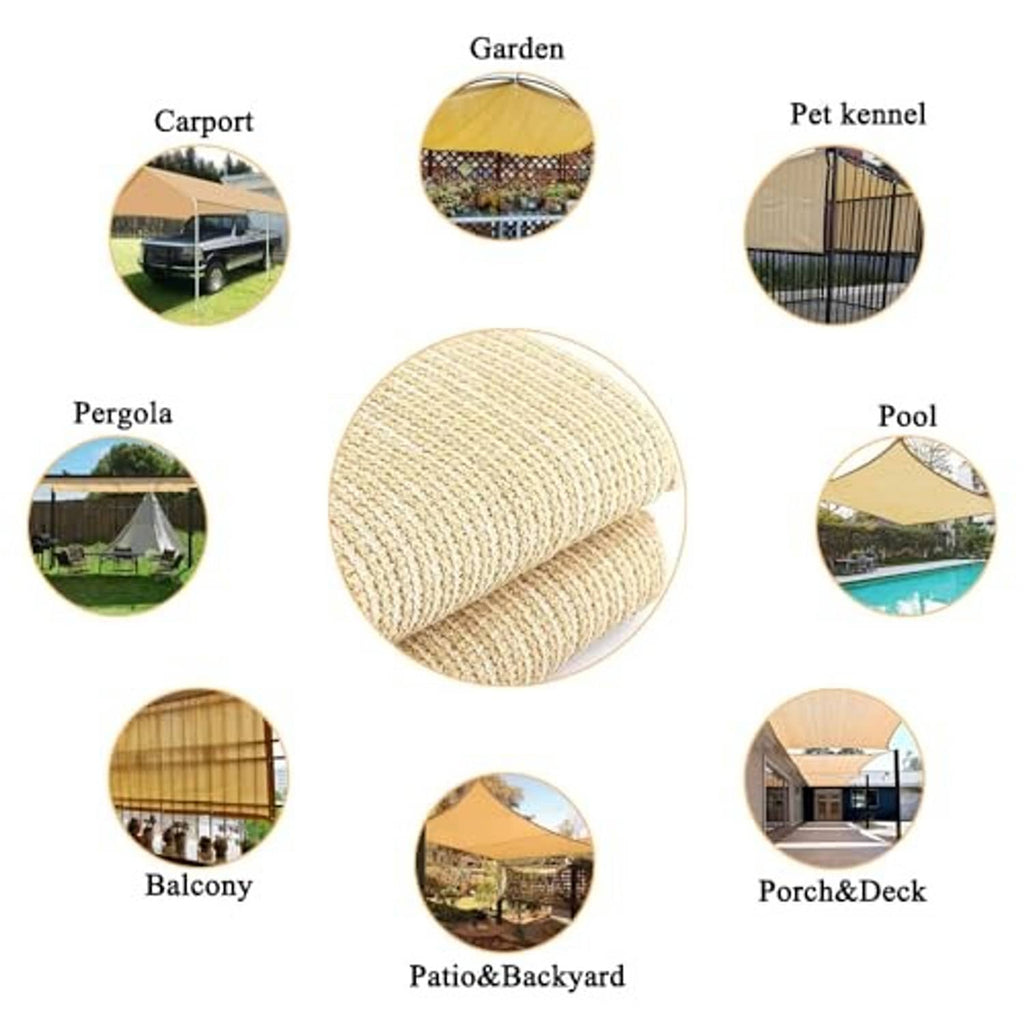 Beige shade cloth roll in the center, showing tightly wound woven mesh texture