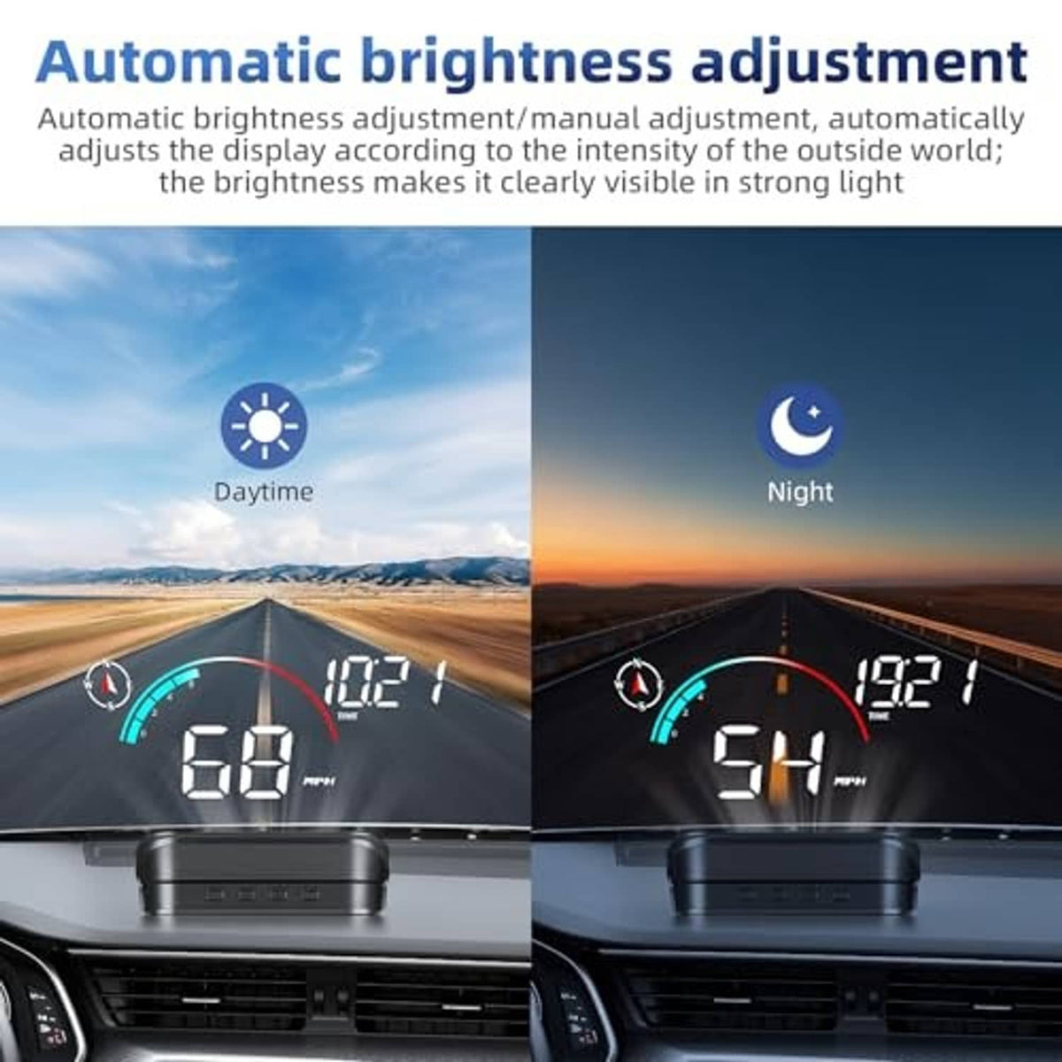 GPS HUD speedometer with automatic brightness adjustment for daytime and night viewing