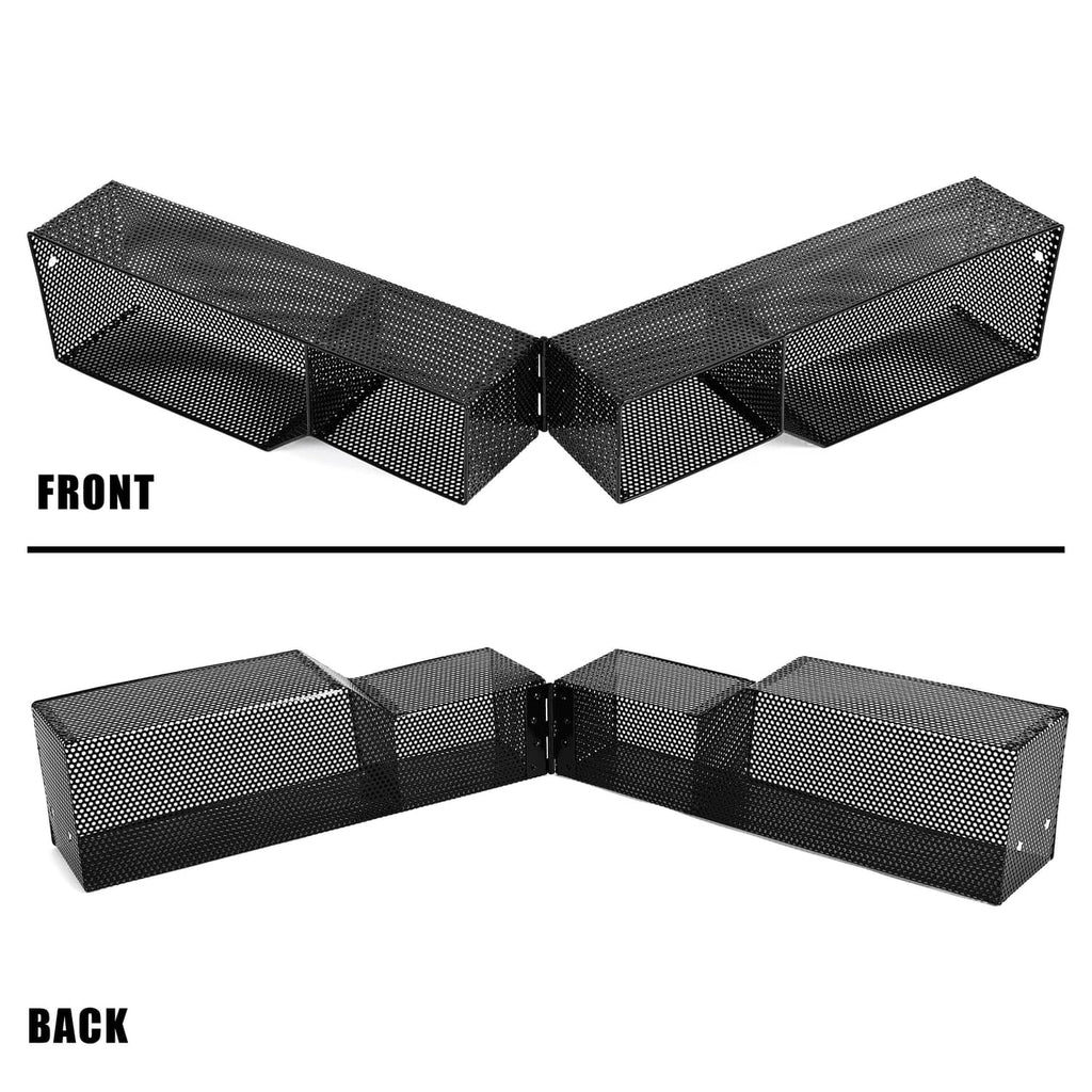 Front and back views of front golf cart dash storage tray organizer with black mesh bins