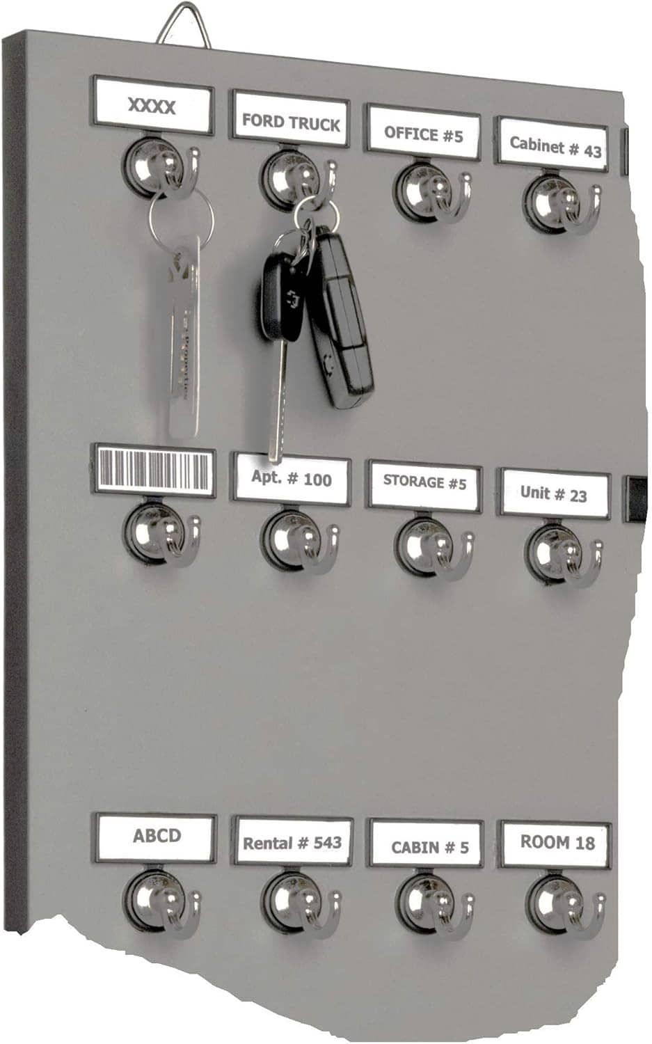 Key hook rack panel with labeled tags and multiple chrome ring hooks
