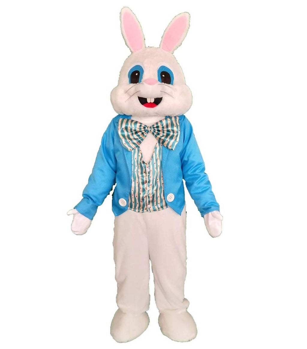 Easter rabbit mascot costume with blue jacket, striped bowtie, and beige pants