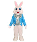 Easter rabbit mascot costume with blue jacket, striped bowtie, and beige pants