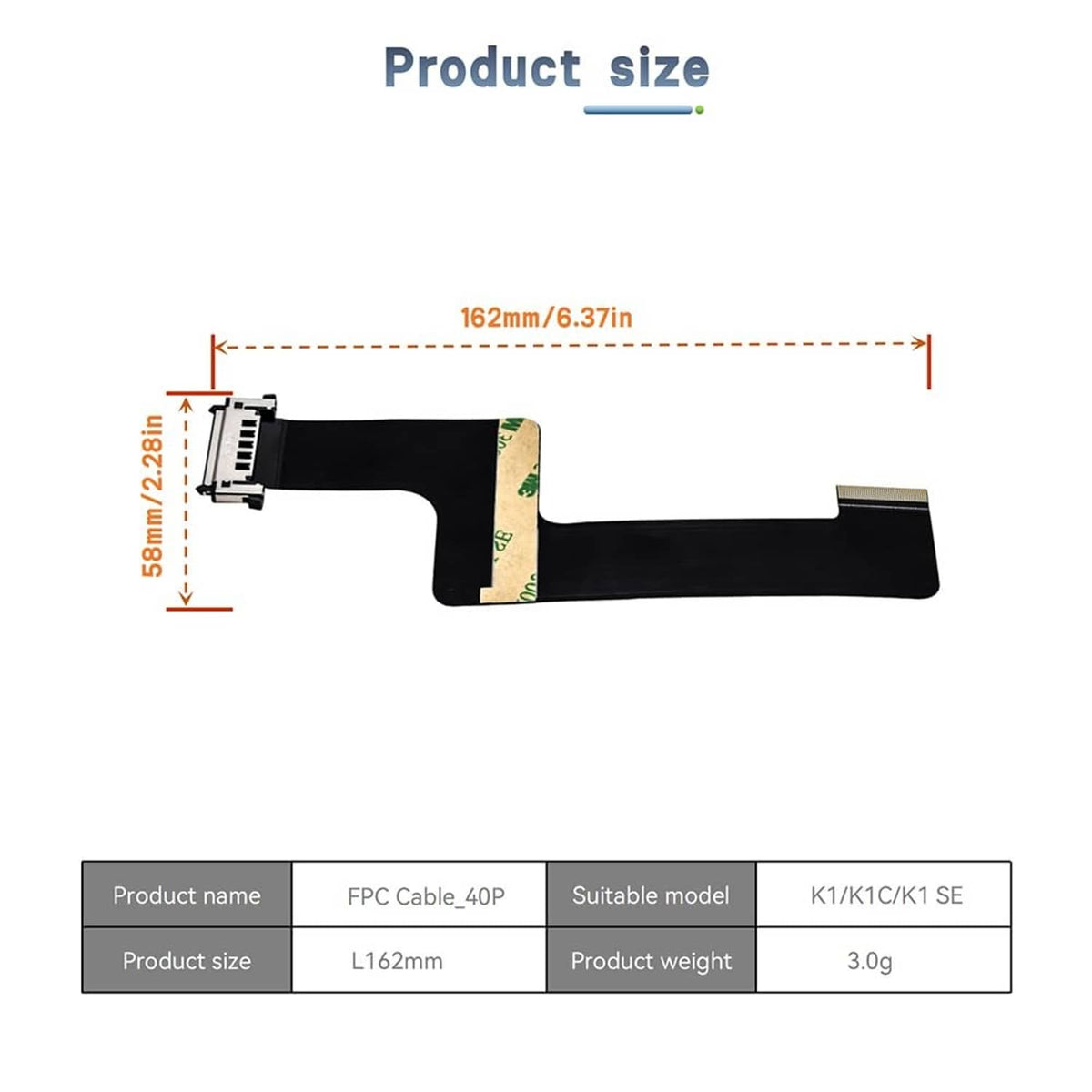 162mm black FPC display cable with 40-pin connector and flex ribbon length