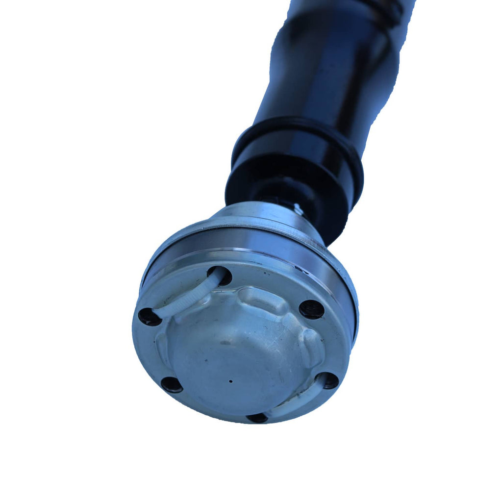 Rear driveshaft prop shaft assembly close-up of metal flange end and rubber-sealed joint
