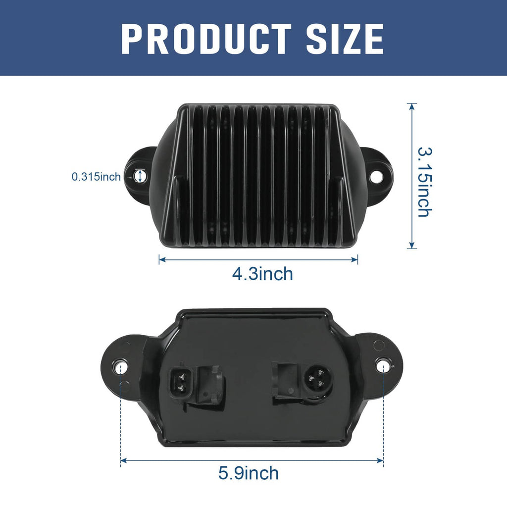 Black voltage regulator rectifier unit with side mounting posts