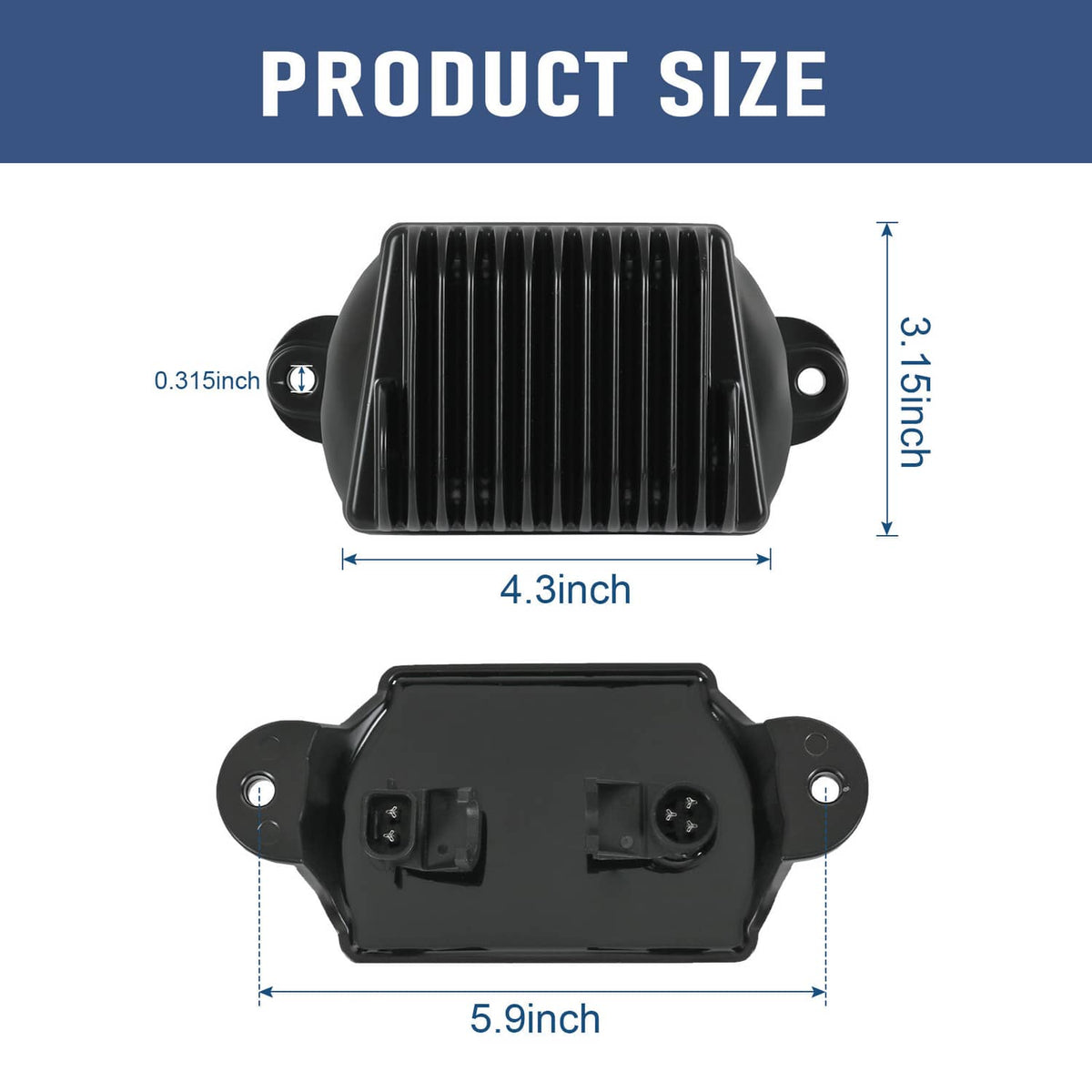 Black voltage regulator rectifier unit with side mounting posts