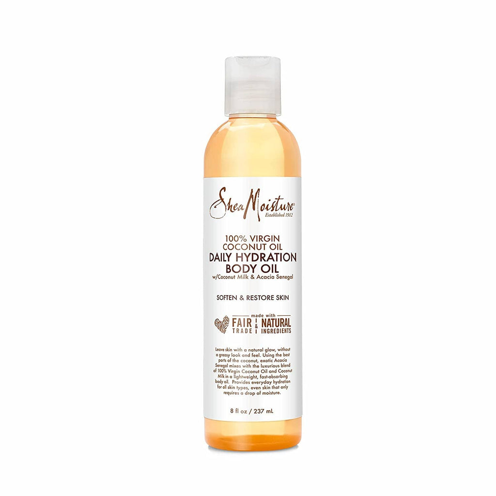 Sheamoisture daily hydration body oil bottle, amber liquid with flip-top cap