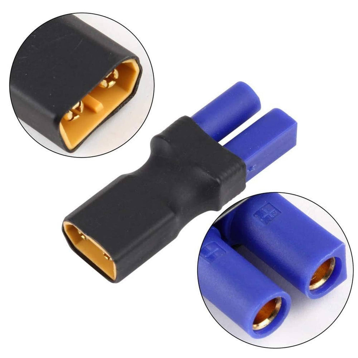 XT60-to-EC5 adapter connector with gold EC5 openings, black and blue