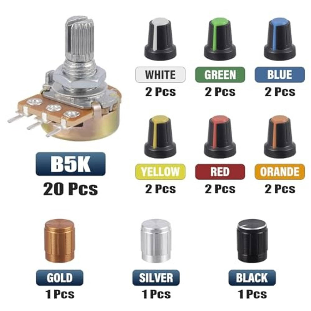 Potentiometer set with colored knob caps: white, green, blue, yellow, red, gold, silver, black