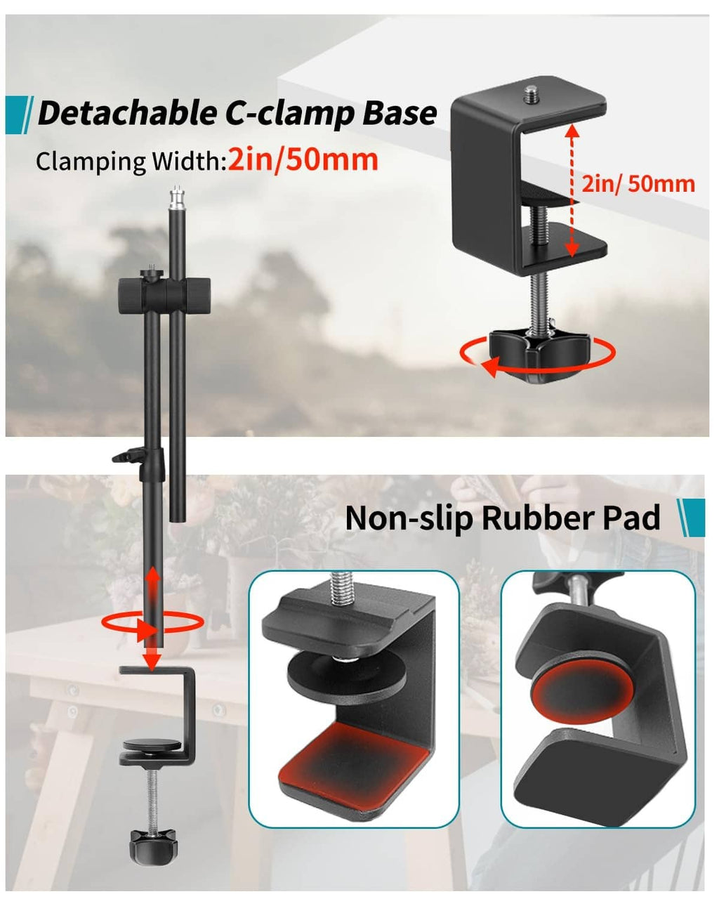 Detachable C-clamp base with non-slip rubber pad for overhead mount, black.