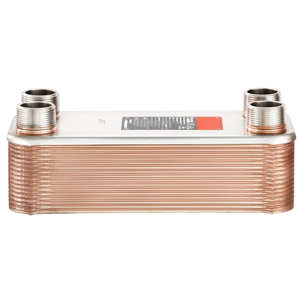 Copper-brazed plate heat exchanger with two upper MNPT ports and two lower ports.