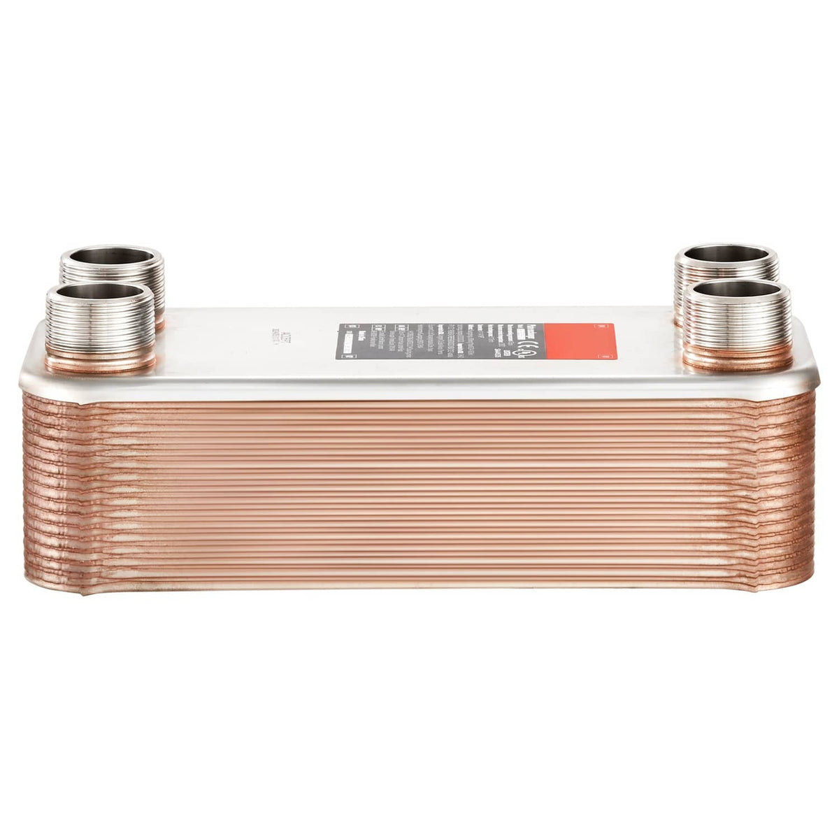 Copper-brazed plate heat exchanger with two upper MNPT ports and two lower ports.