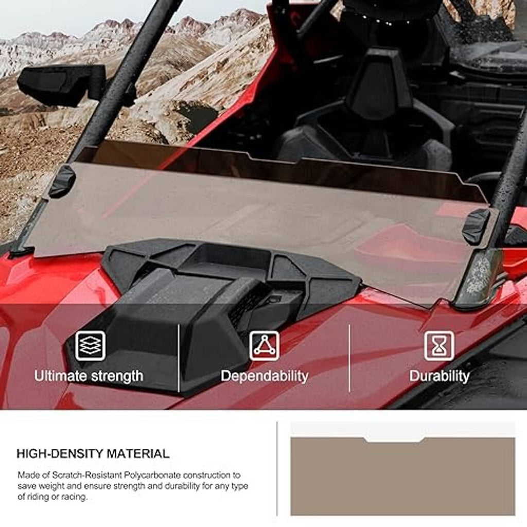 Tinted windshield panel with reinforced corners and black mounting feet