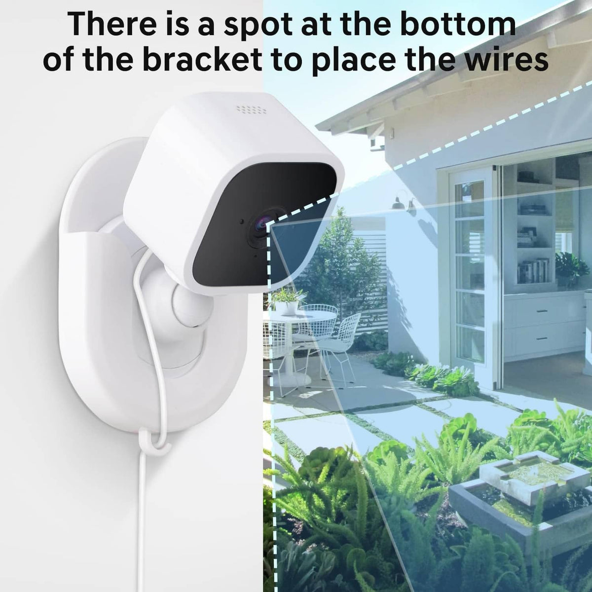 White indoor security camera mount bracket with wire slot at the bottom