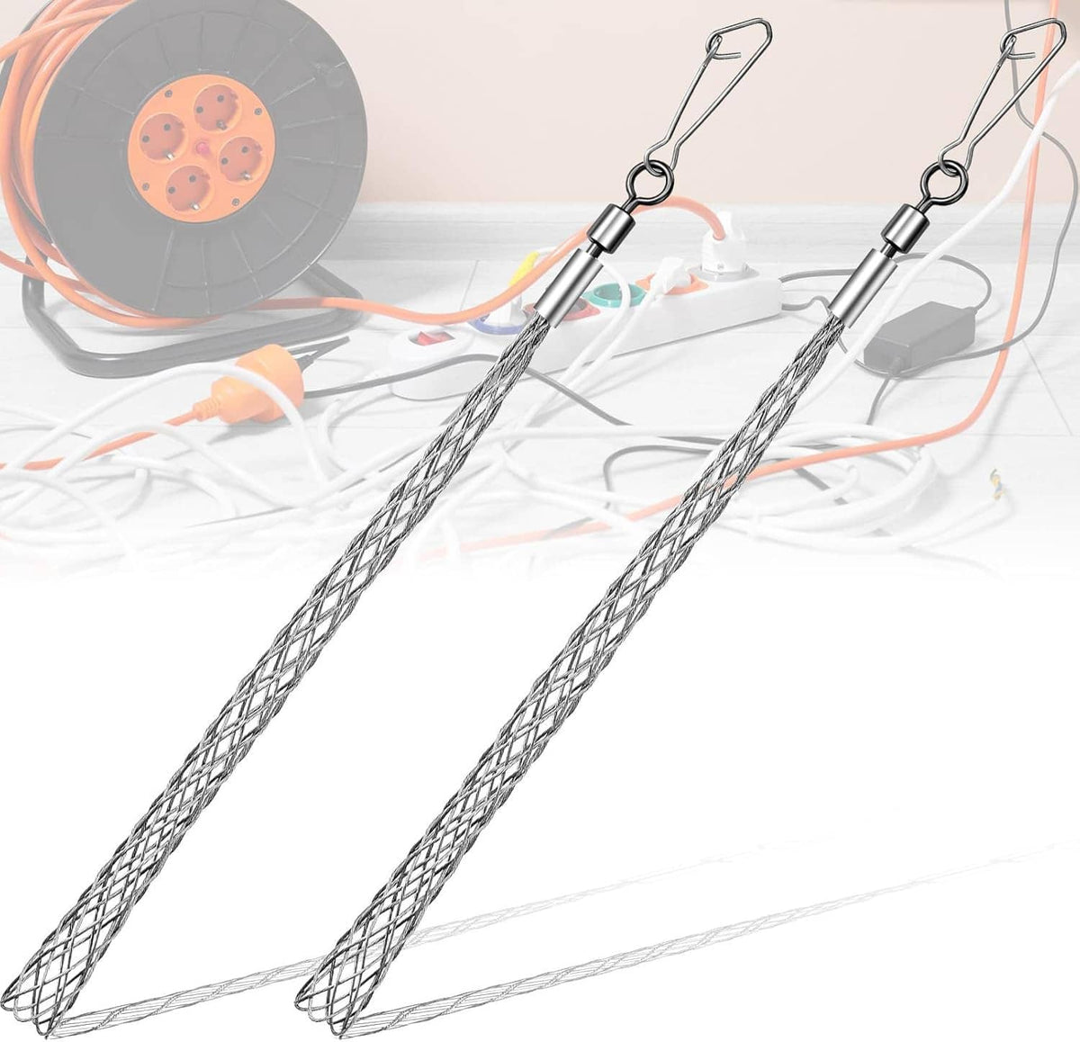 Pair of 3/4 in wire pulling grip mesh cable pullers with steel wire and handle loops
