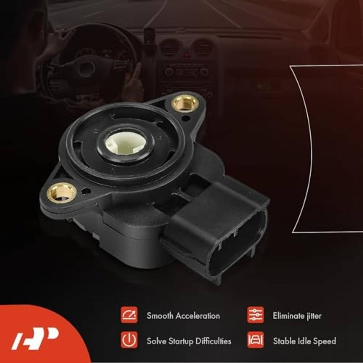 Black throttle position sensor with gold screws and front connector housing