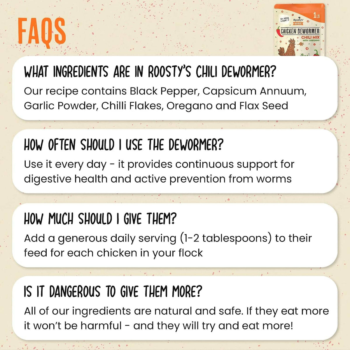 FAQ panel for Roosty's chili dewormer, ingredients and feeding instructions