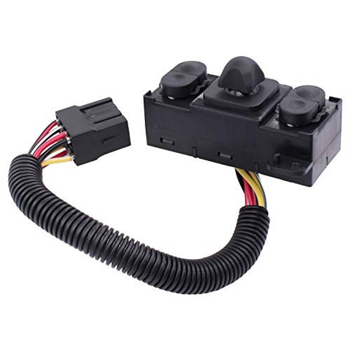 Black driver power seat switch with four button controls and wire connector
