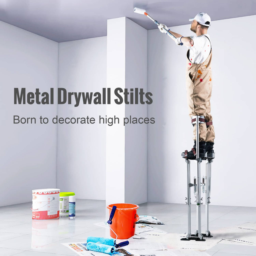 Worker using metal drywall stilts for wall painting, knee pads and silver legs